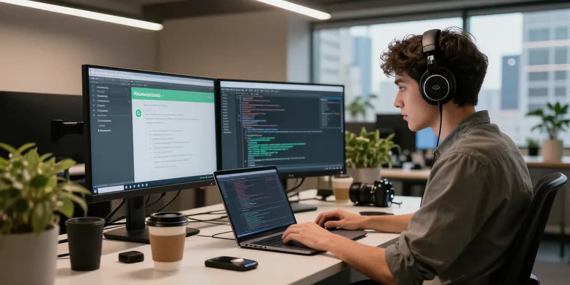 WhatsApp下載 in a modern tech workspace, showcasing software developer coding on dual monitors, emphasizing innovation and productivity.