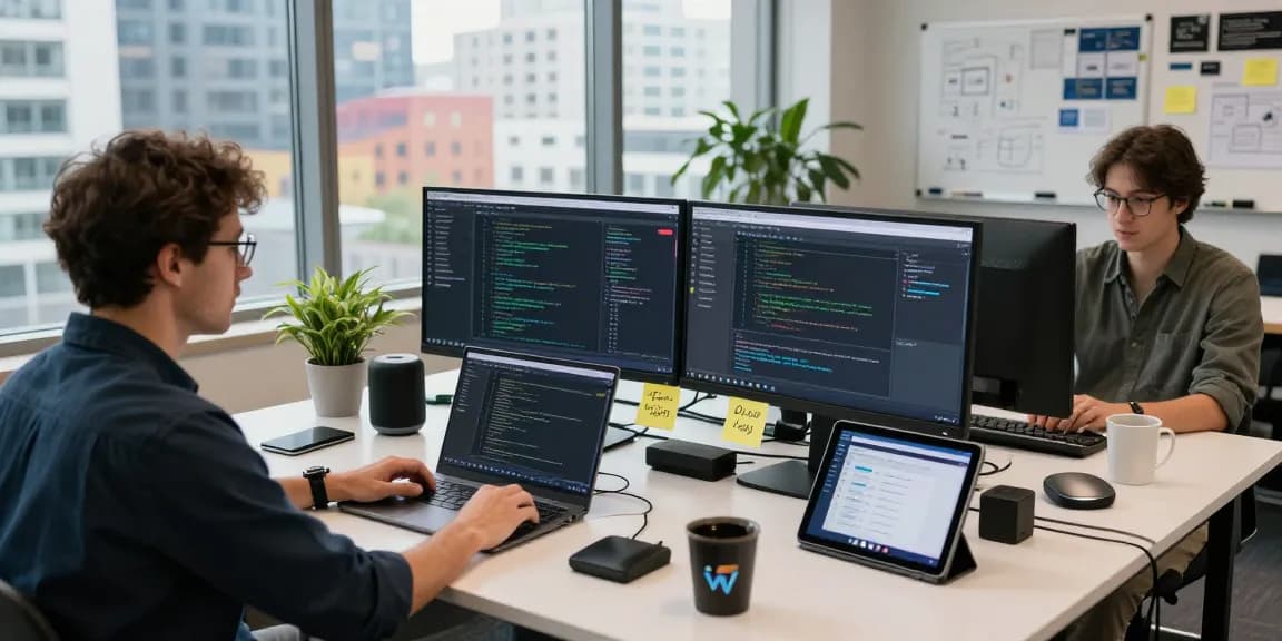 Web3 developer collaboration scene with dual screens showing blockchain code in modern office setting.