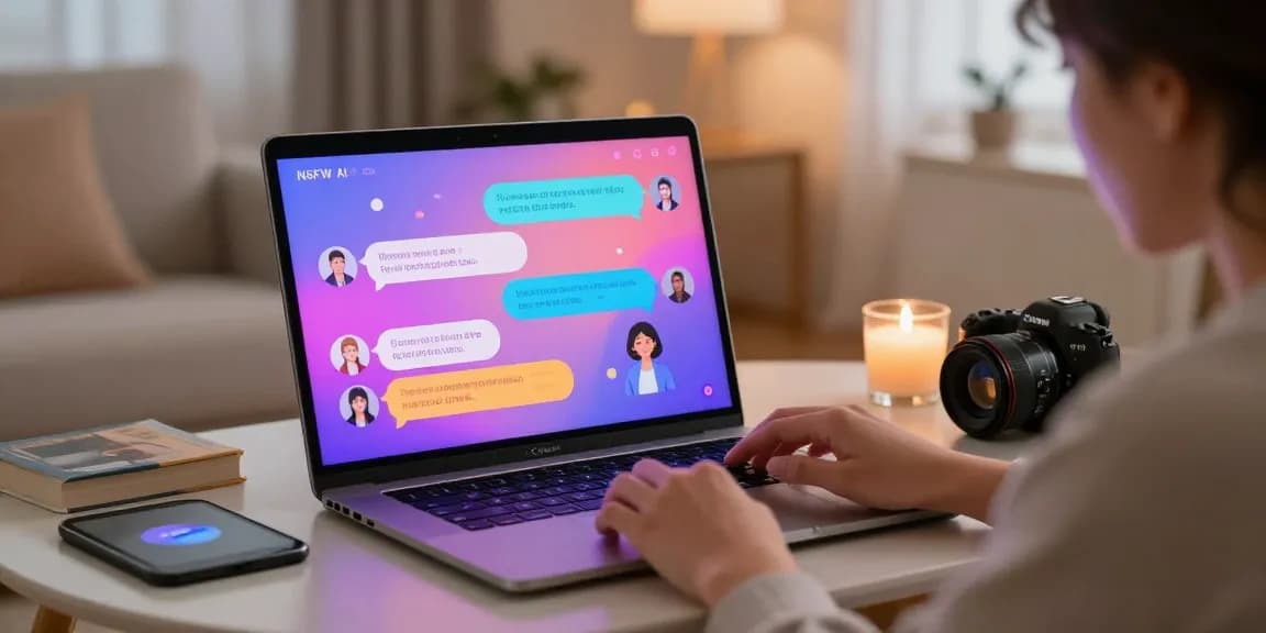 Engaging ai chat nsfw session with a virtual character on a sleek device amidst a cozy room setup.