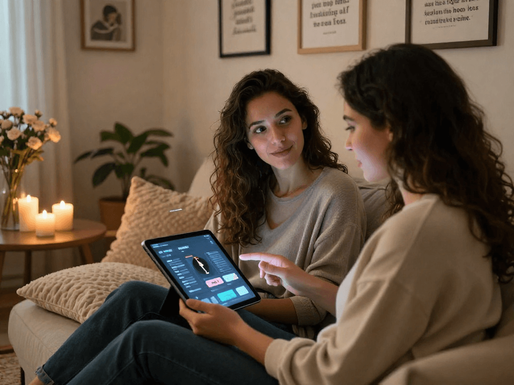 Couple interacting with AI sex dating app in a cozy, romantic setting.