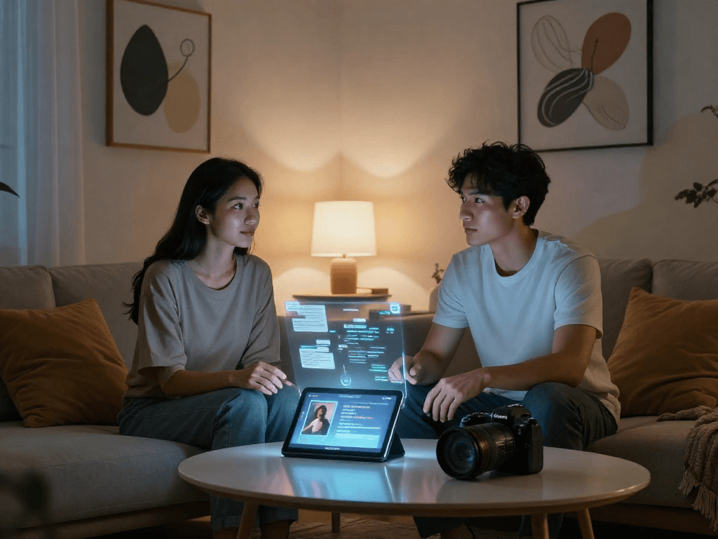 Engaging scene of ai sex companionship with interactive holograms and modern decor.