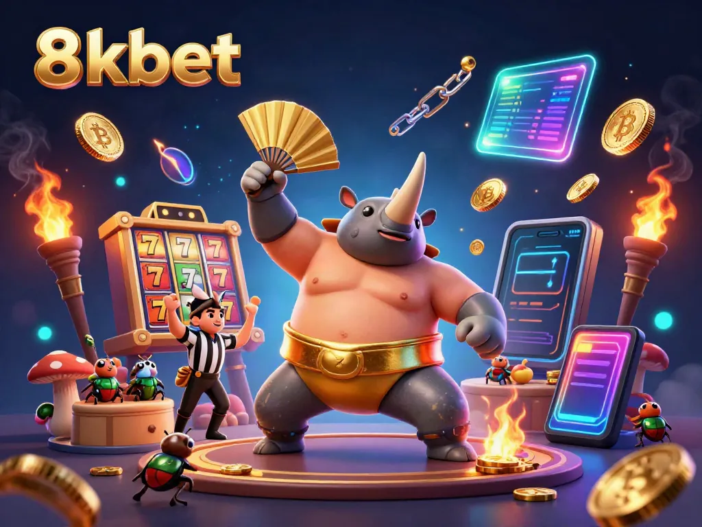 Watch the 8xbet sumo beetle stomp and shower coins in this vibrant casino scene.