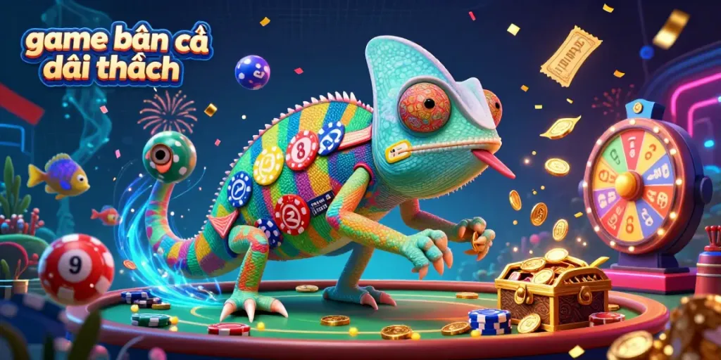 Experience the vibrant energy of game bắn cá đổi thưởng with colorful sea creatures and exciting prizes in this dynamic illustration.