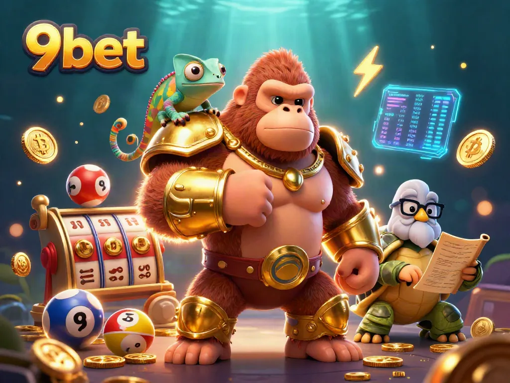 Win big at 9bet, featuring a dynamic scene with a powerful gorilla king and vibrant gambling elements.