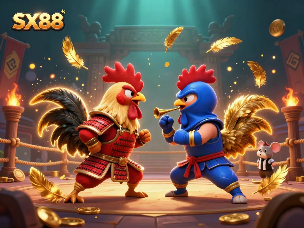 SX88 players engage in an epic rooster battle, showcasing dynamic gambling energy and vibrant casino elements.
