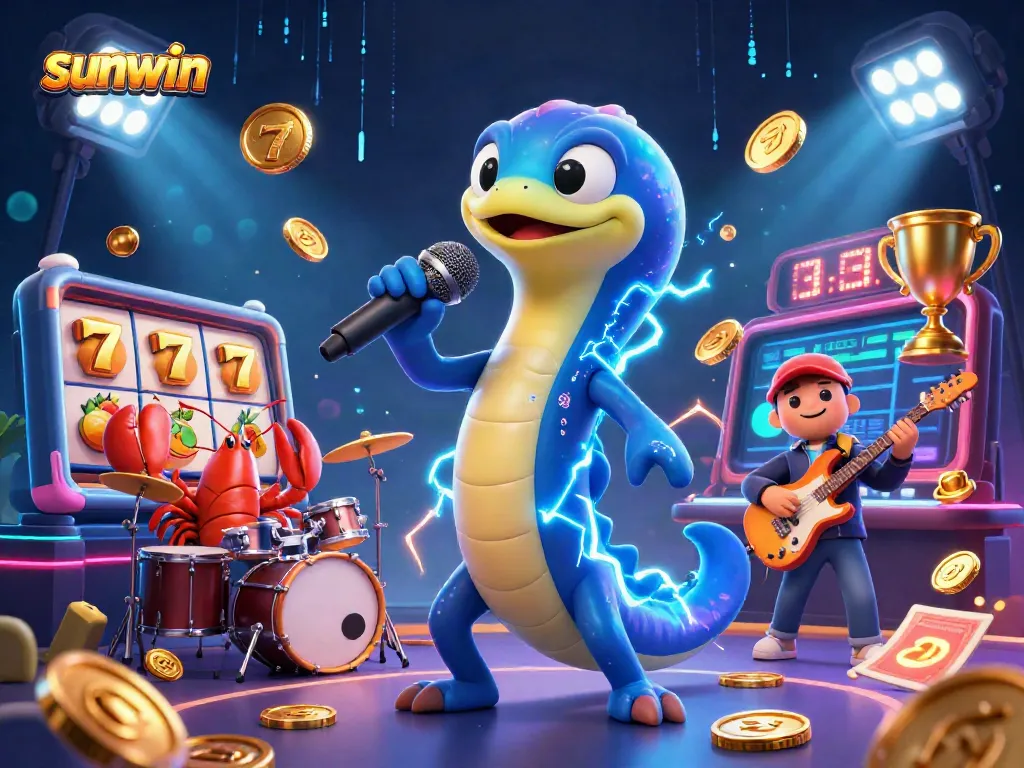 sunwin showcases an electric eel DJ performing in an underwater casino surrounded by vibrant game elements