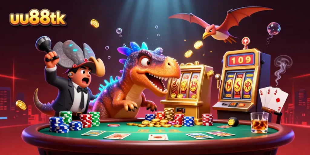 uu88tk slots scene with dinosaurs celebrating a jackpot win amidst a vibrant casino environment