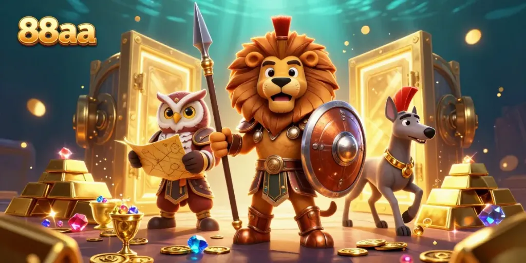 Experience thrilling victories with 88aa in this dynamic casino-themed illustration featuring a Spartan lion and treasures.