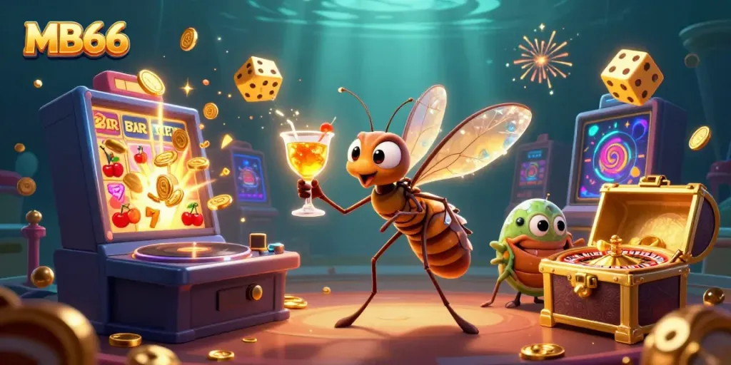 Experience the thrills of MB66 casino with lively characters and dynamic gaming elements around a golden roulette wheel.