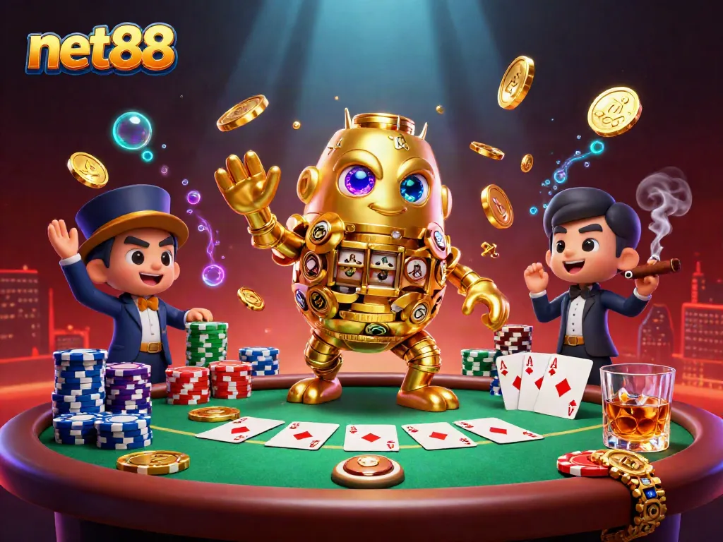 Engaging net88 casino illustration showcasing golden golem, poker elements, and vibrant casino atmosphere.