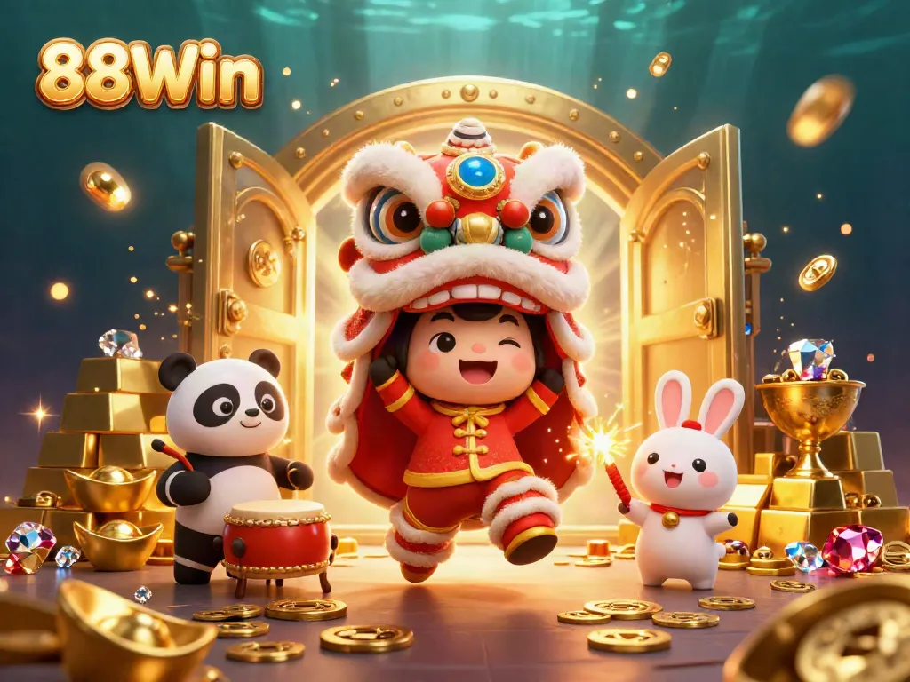 Experience the excitement of 88Win with a vibrant lion dance celebration, gold treasures, and festive decorations.