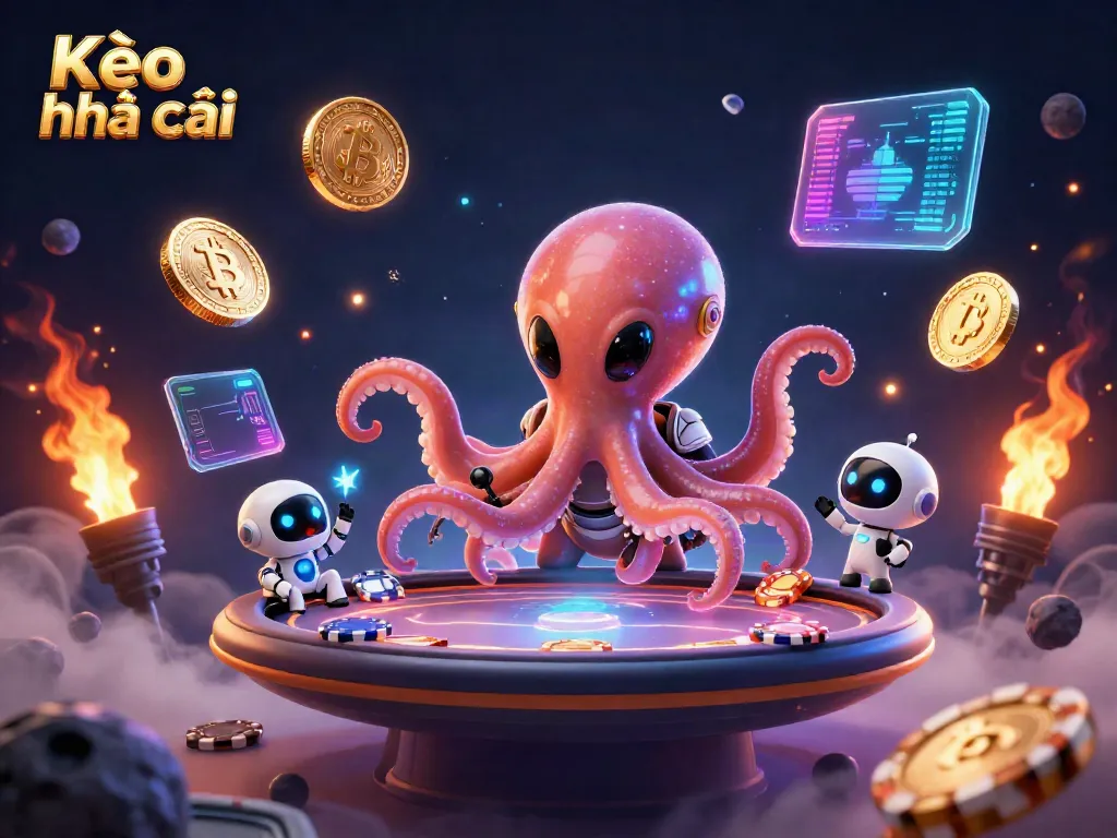 Bet on Kèo nhà cái with an alien octopus and robot at a dazzling poker table.