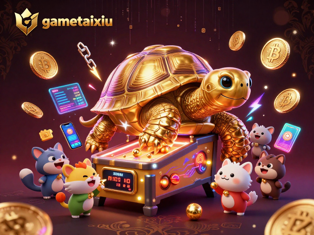 Engage in thrilling gameplay with gametaixiu, featuring a golden tortoise and crypto elements in a vibrant casino setting.