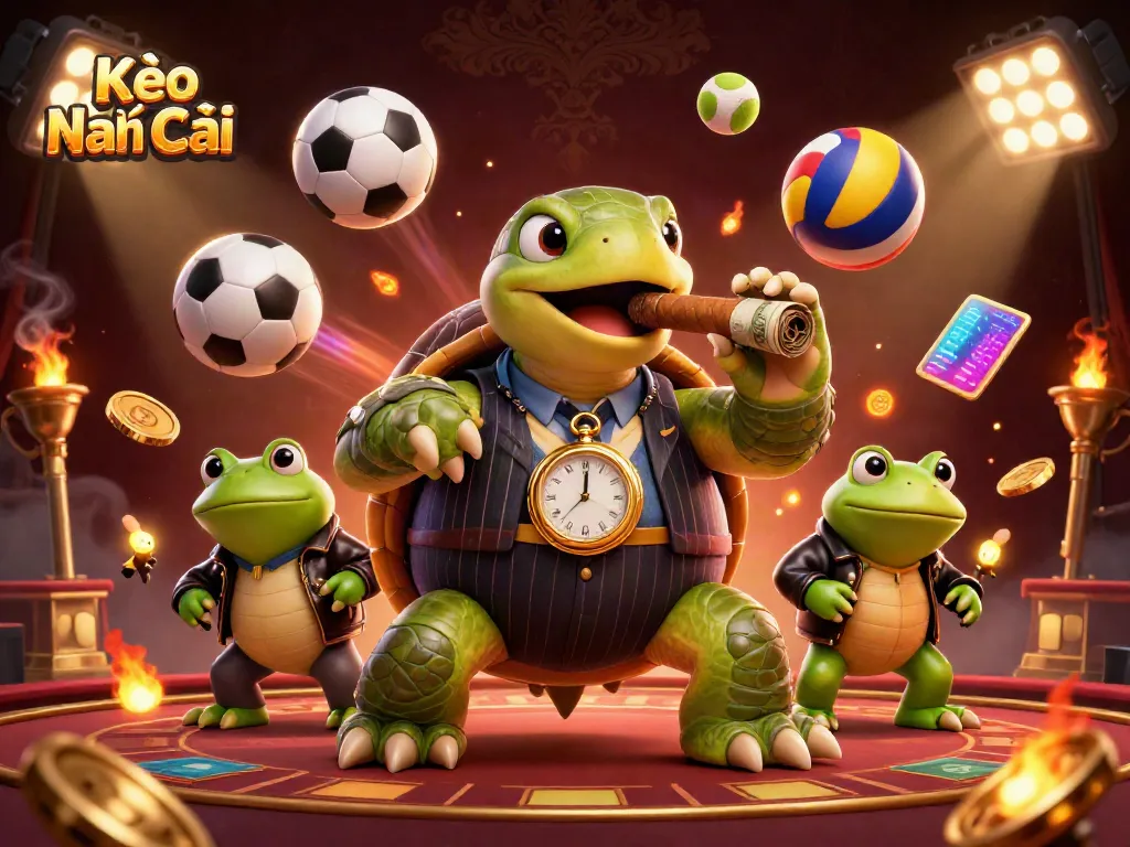 Experience the thrill of Kèo Nhà Cái as the massive turtle and bullfrog enforcers dominate a vibrant sports betting scene.