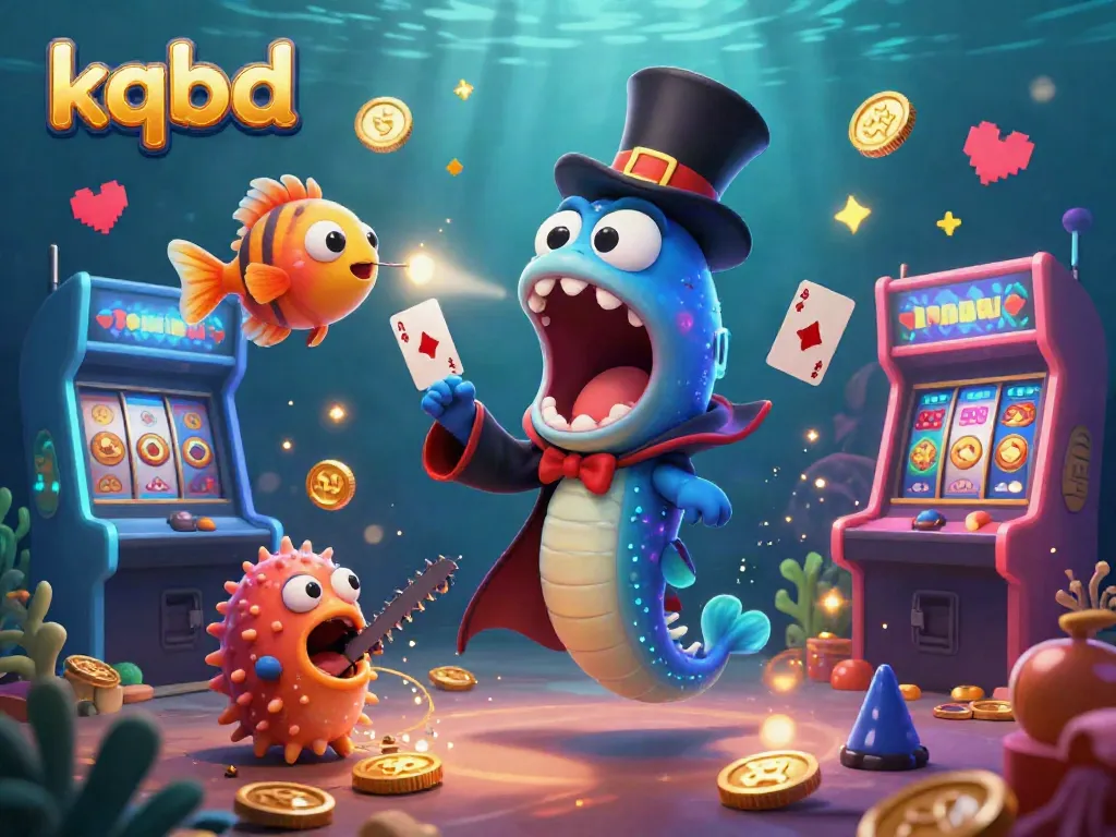 Kqbd showcases a lively underwater casino scene with characters engaging in a magical card trick performance amidst vivid gambling elements.