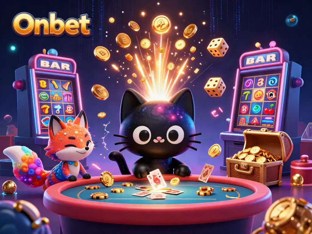Onbet offers immersive gambling adventures with a cosmic casino scene featuring a black hole cat.
