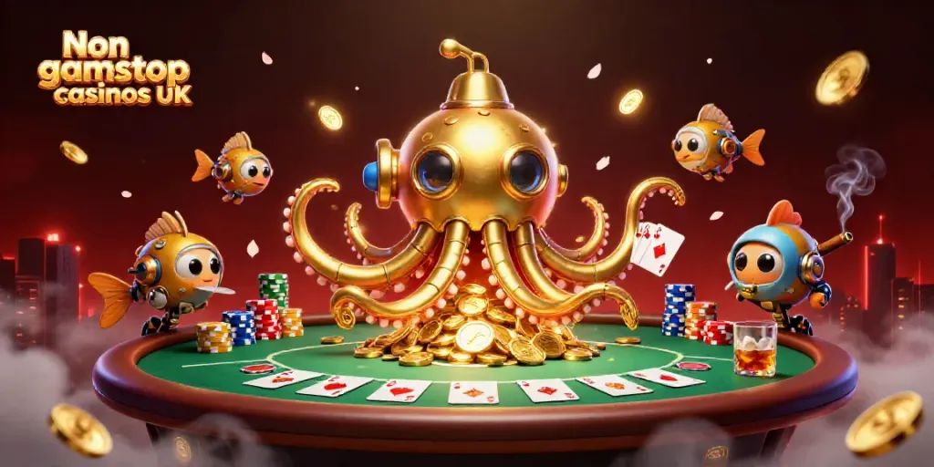 Experience the thrill of Non gamstop casinos UK with a lively 3D casino scene showcasing poker and gold coins.
