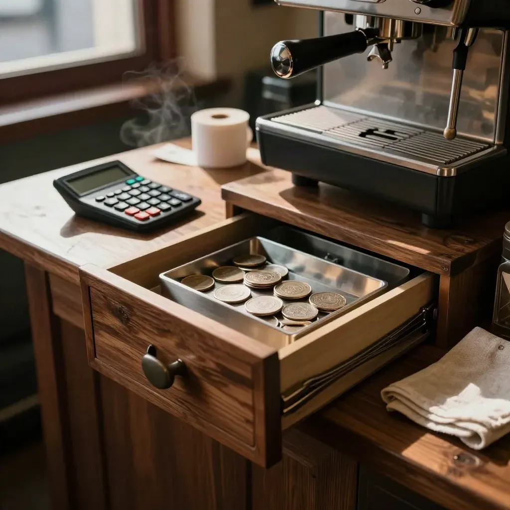 Open till drawer, coin tray, calculator and envelope tin beside an espresso machine in warm café light.