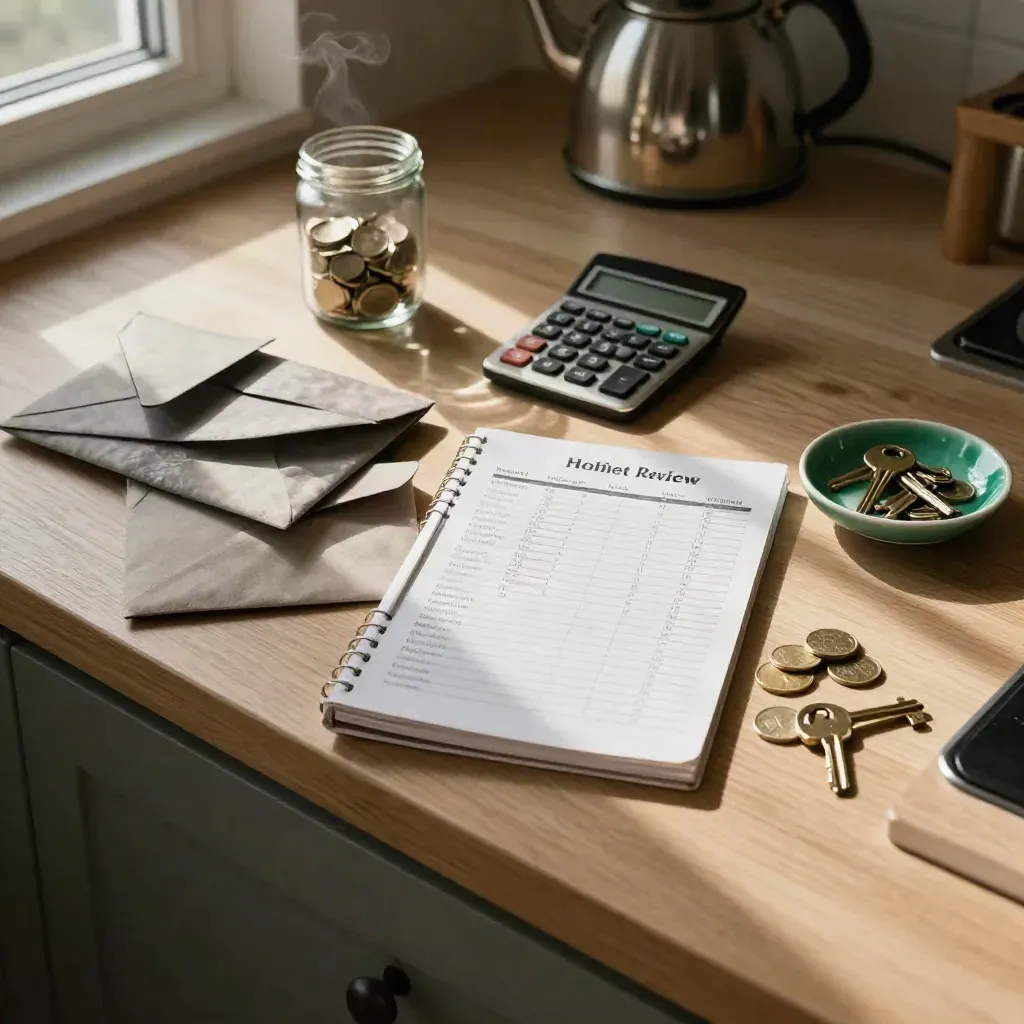 Budgeting items arranged on a pale oak kitchen counter in warm afternoon light.