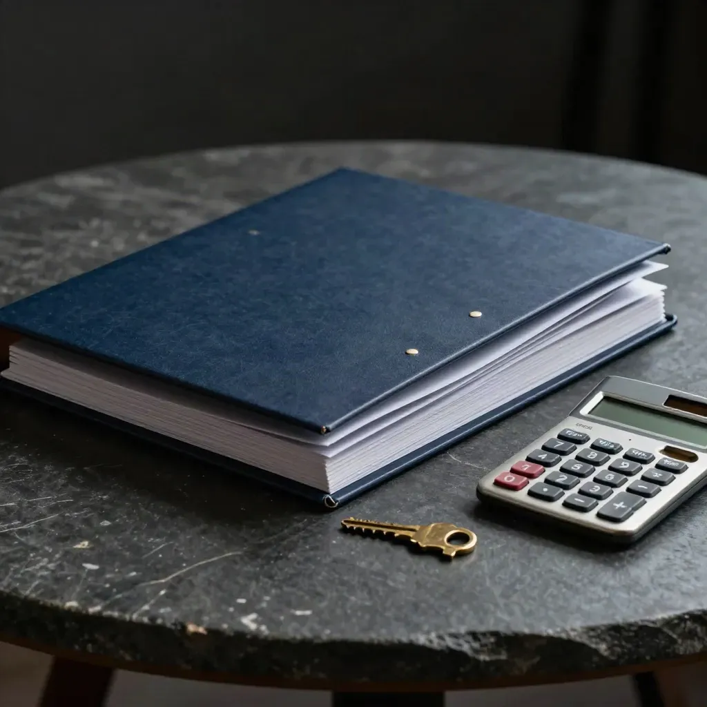 Loan folders, calculator, and house key on a dark stone table in moody finance lighting.