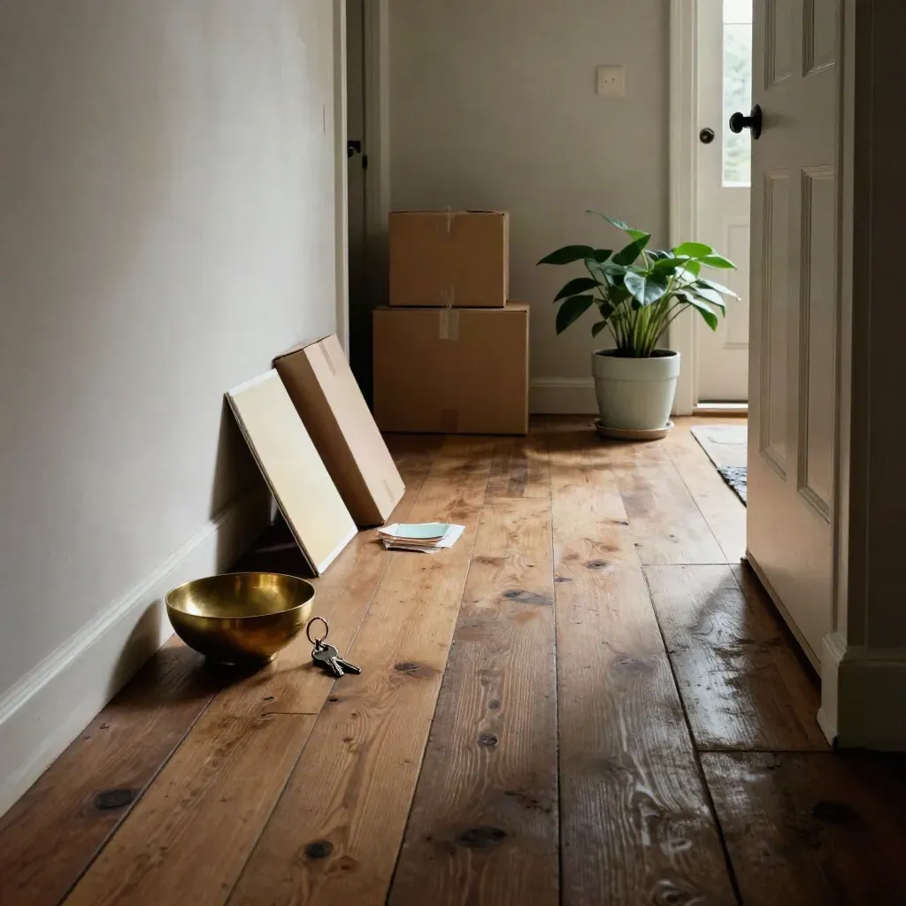 Brass key bowl, moving boxes, face-down swatches, and a plant in a narrow hallway.