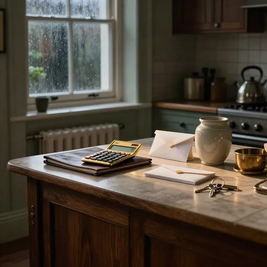 London kitchen finance still life with calculator, folio, envelopes, jar and keys in rain-lit haze.