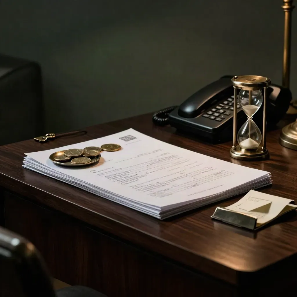 Debt advice setup on a dark side table with envelopes, coin tray, phone, and hourglass.