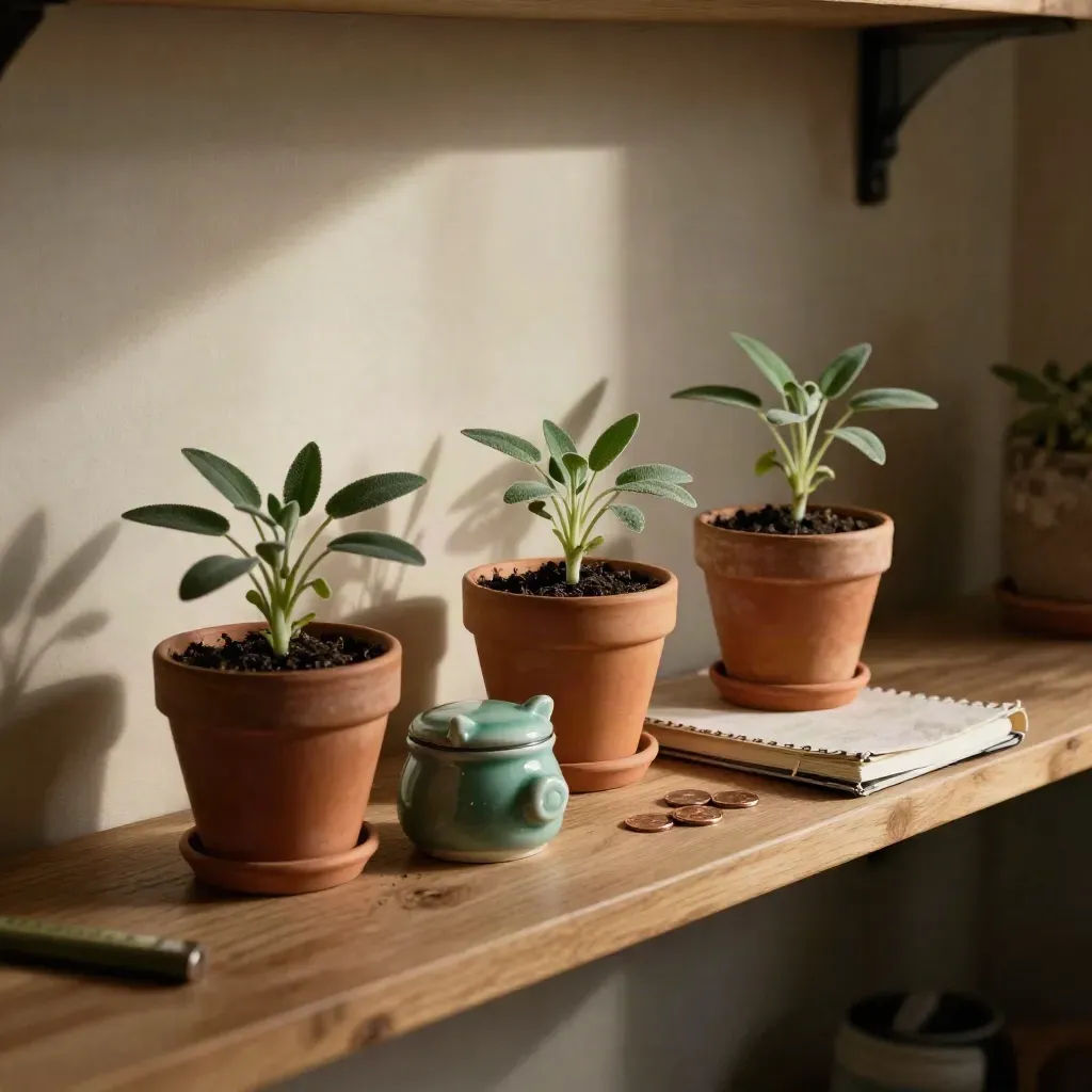 Terracotta seedlings, closed notebook and emerald savings tin on a warm shelf in window light.