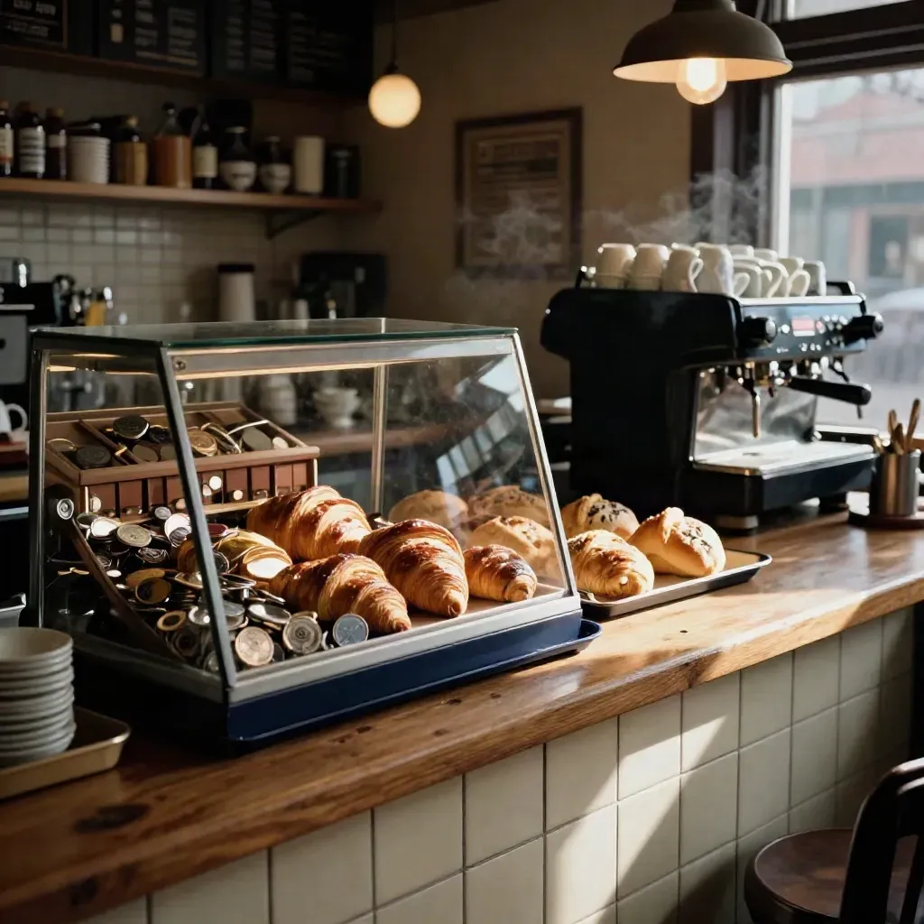 Café till and pastry case glowing after a winter rush, with espresso machine and coin drawer.
