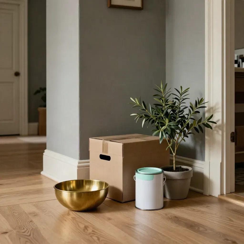 Newly painted hallway with boxes, brass key bowl, paint tin and potted plant in warm light