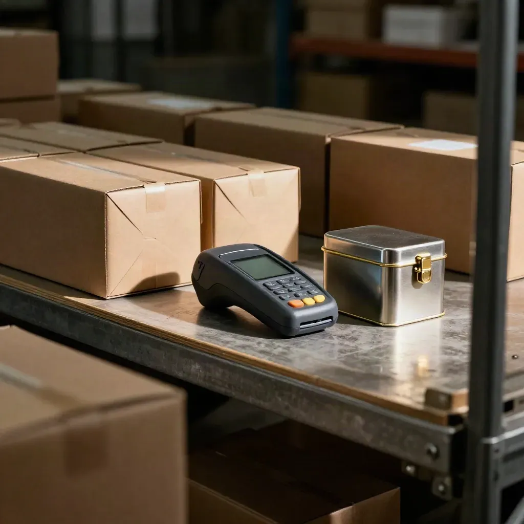 Kraft cartons, card reader and cash tin on a warehouse packing bench, ready for first orders