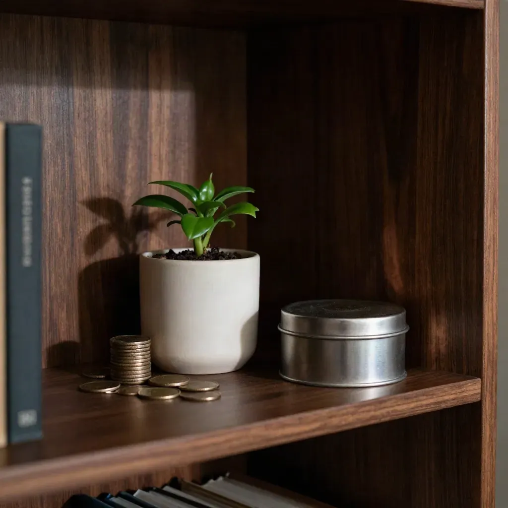 Ceramic pot, tiny plant, coin column and sealed tin on a dark wooden bookshelf.