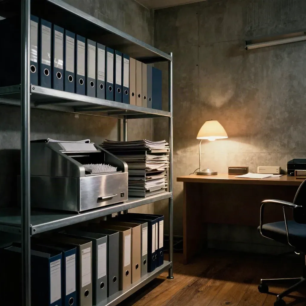 Empty back office with binders, sorter and lamp, lit by a dramatic diagonal beam.
