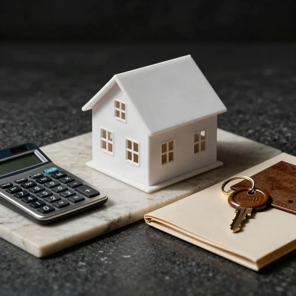 Mini house, brass key, calculator and document pouch on stone in dramatic low light