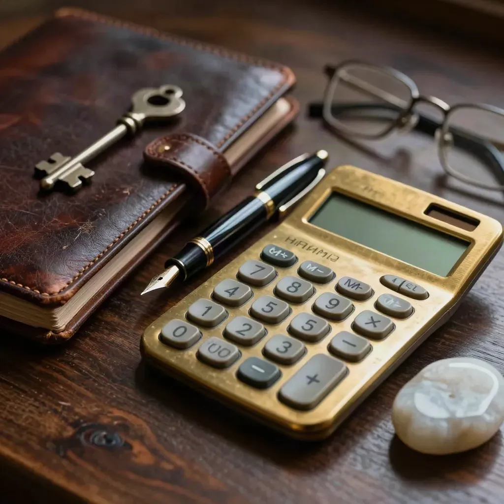 Macro of a finance adviser’s desk kit with folio, calculator, pen, glasses and stone paperweight