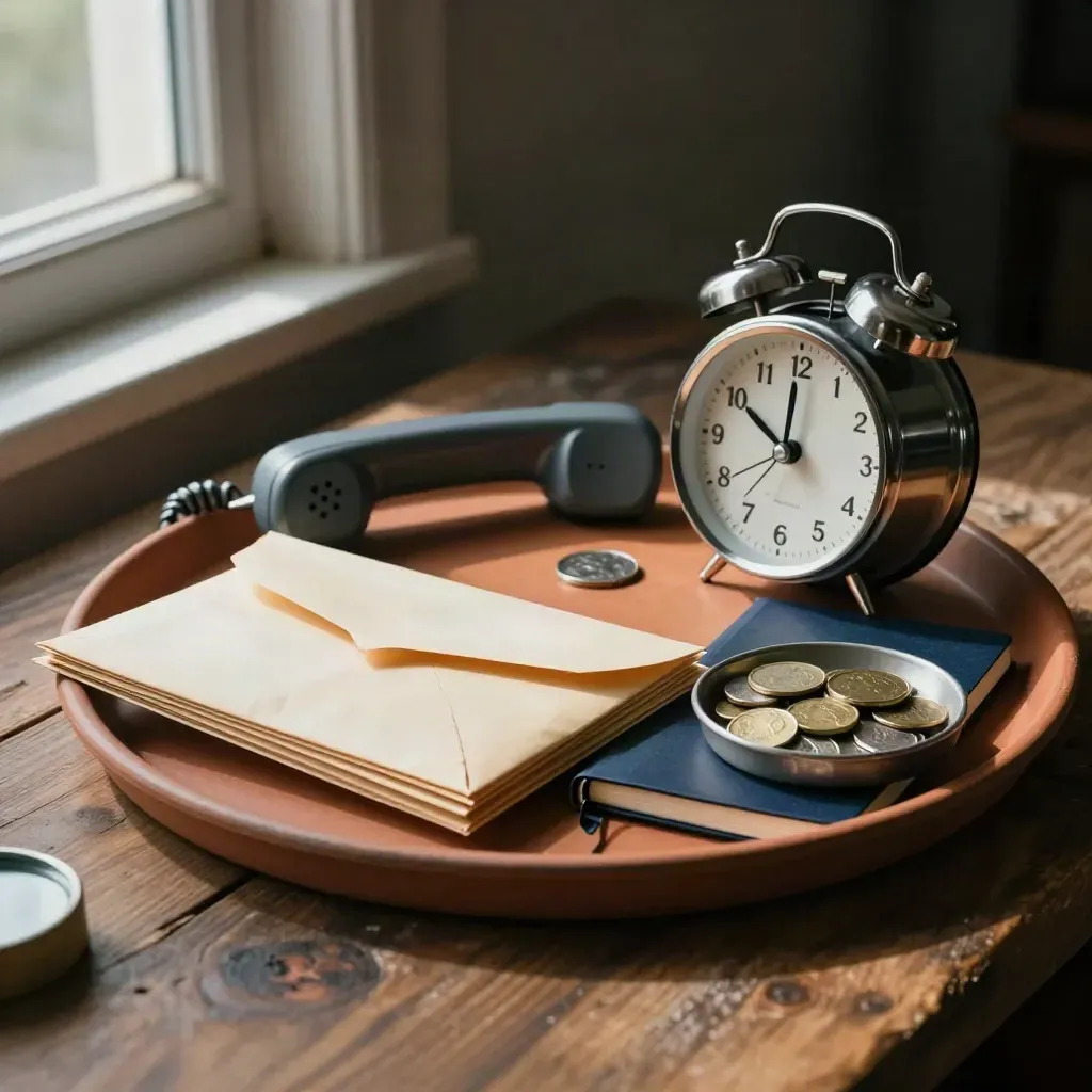 Budgeting still life with envelopes, phone, clock, notebook and coin bowl on a terracotta tray.