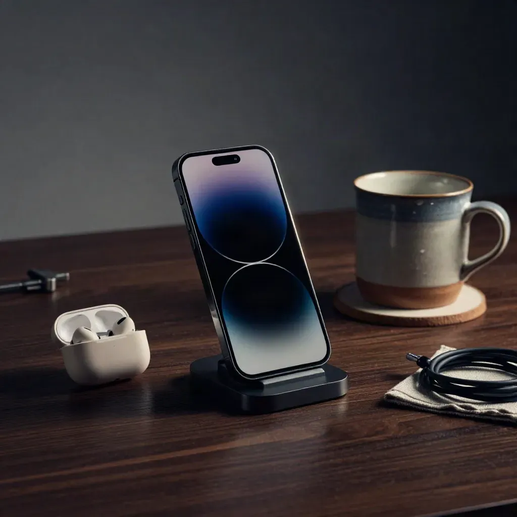 Smartphone on a charging stand with earbuds and a ceramic mug on a dark desk, ready for a finance call.
