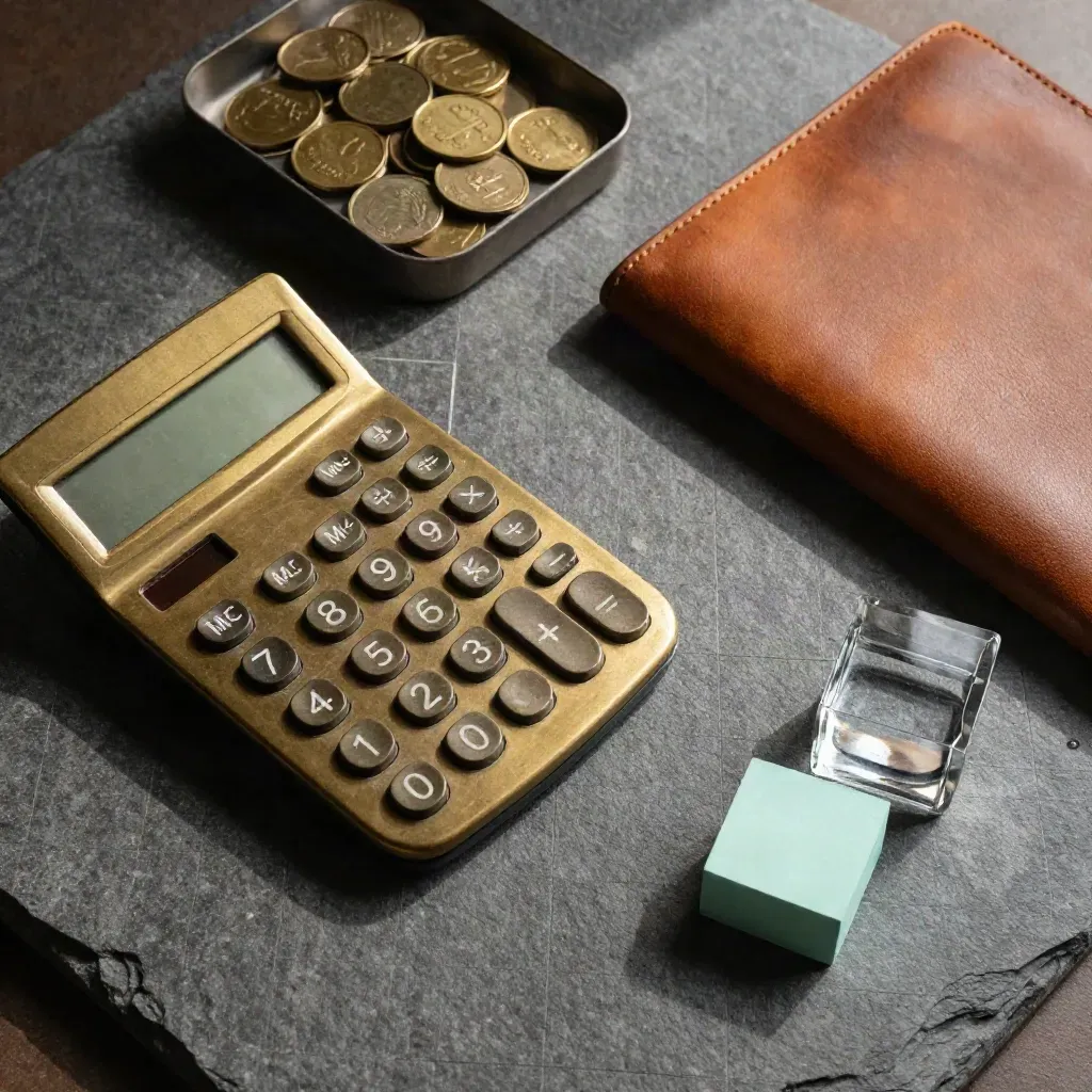 Overhead still life of a brass calculator, coin tray, leather folio and paperweights on stone.