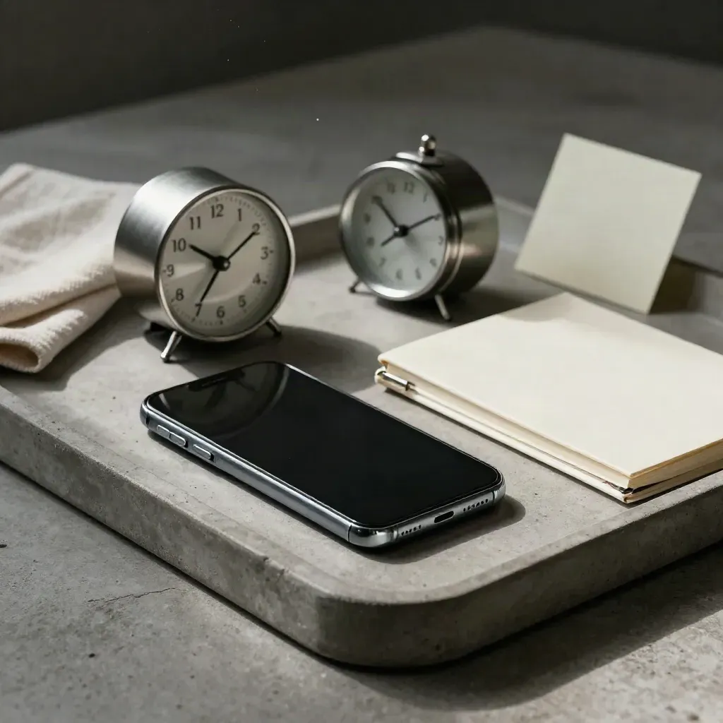 Charging phone, small clock, desk timer and clipped notebook on a stone tray in soft light