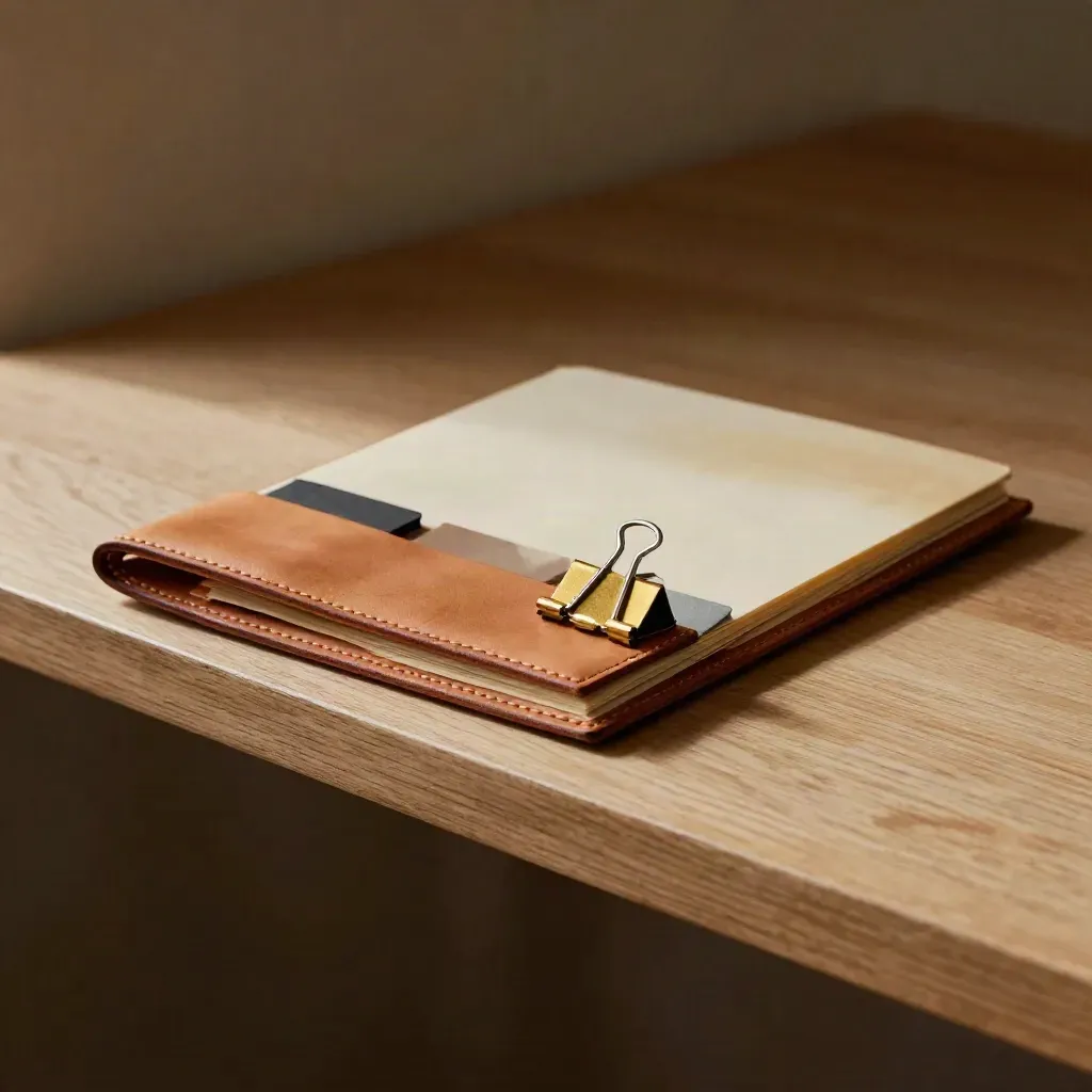 Leather folio, colour tabs and binder clips on a pale wood ledge in soft side light.