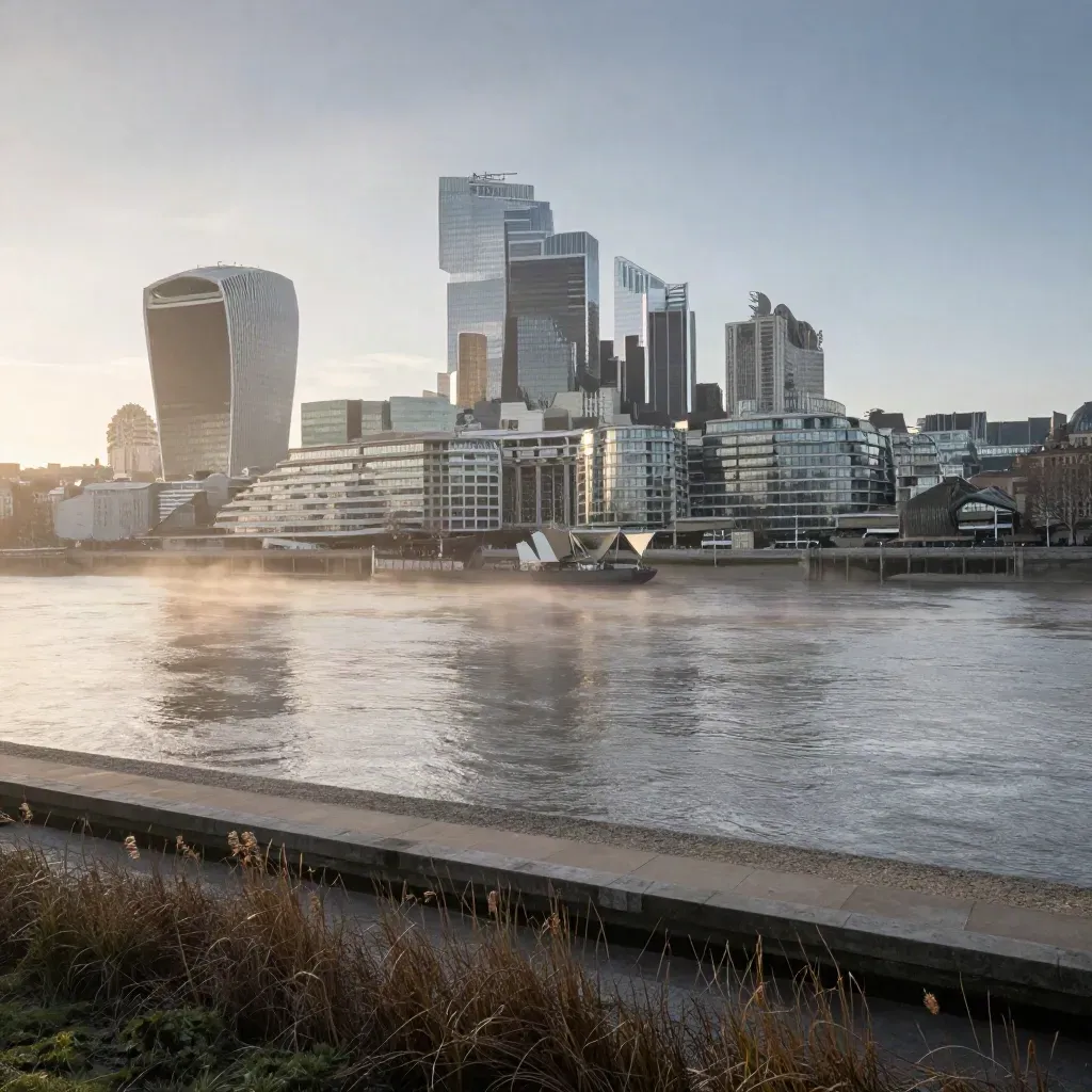 London skyline at sunrise above a hazy Thames and calm river reflections
