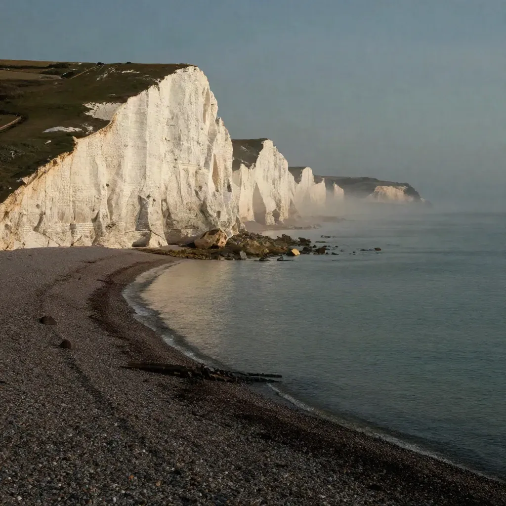 Hazy chalk cliffs above a calm South East England coast at golden hour.
