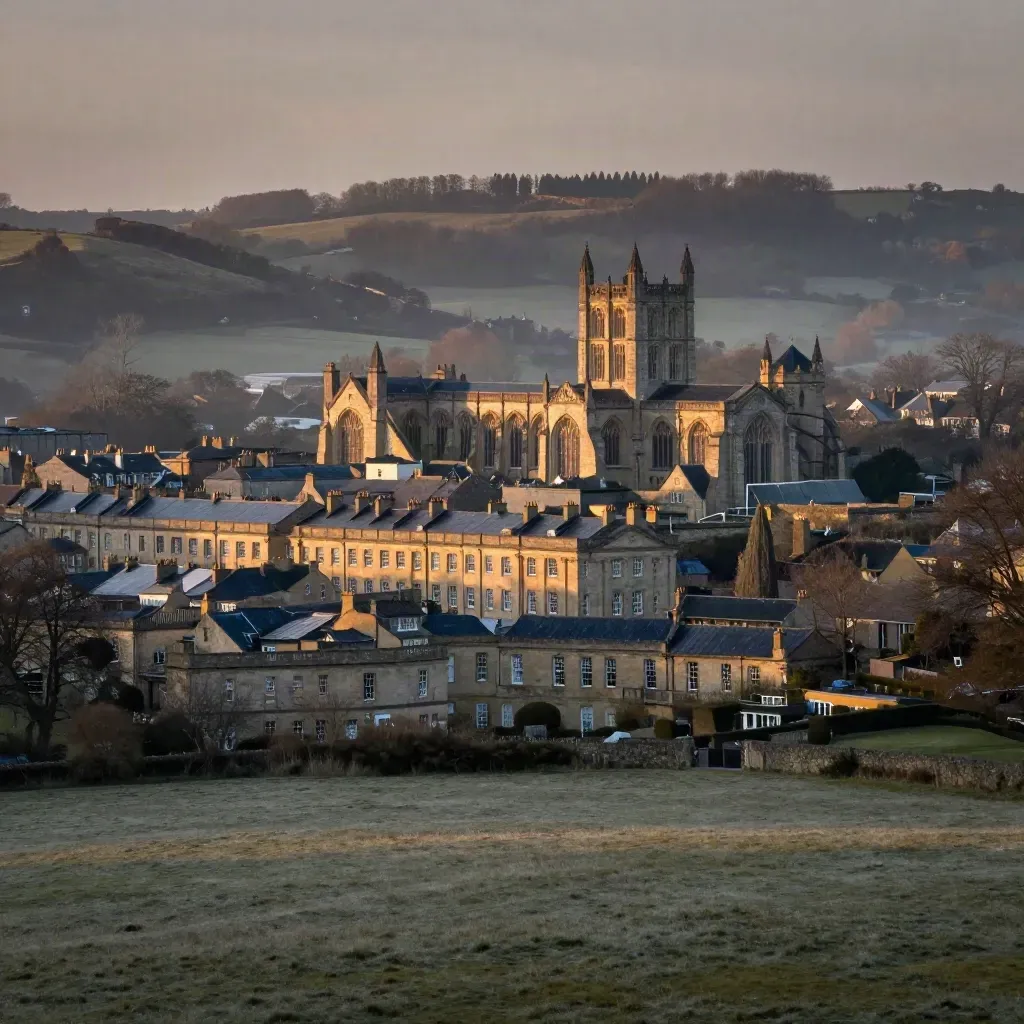 Bath stone terraces over a misty South West England valley at dawn, with calm open foreground.