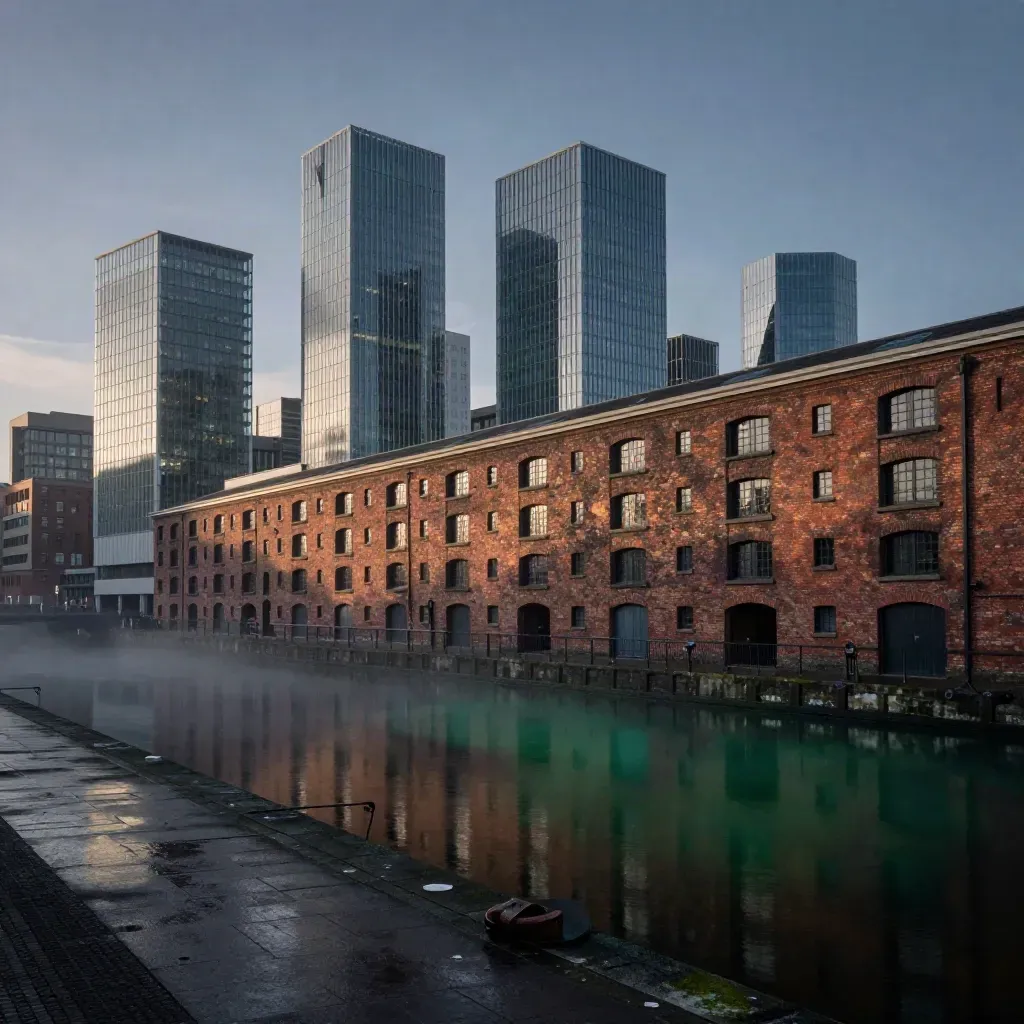 Birmingham canals with brick warehouses and glass towers above calm misty water at dusk