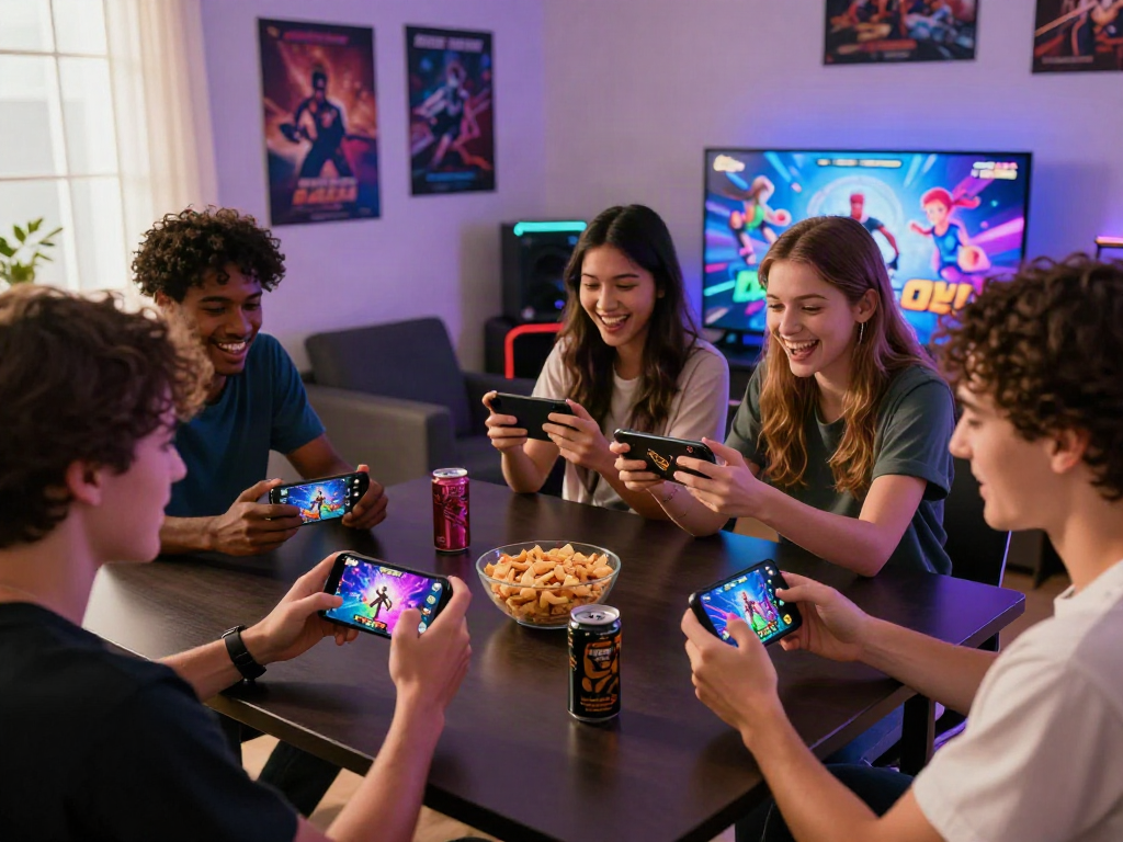 Friends enjoying a mobile porn game with vibrant graphics and snacks, lively gaming atmosphere.