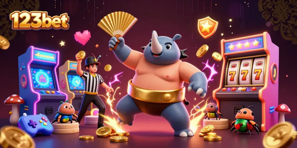 Experience thrilling gameplay at 123bet with vibrant 3D casino elements and animated characters.