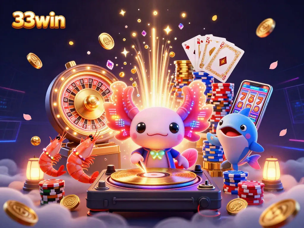 Experience the thrilling world of 33win with vibrant casino elements and dynamic characters.