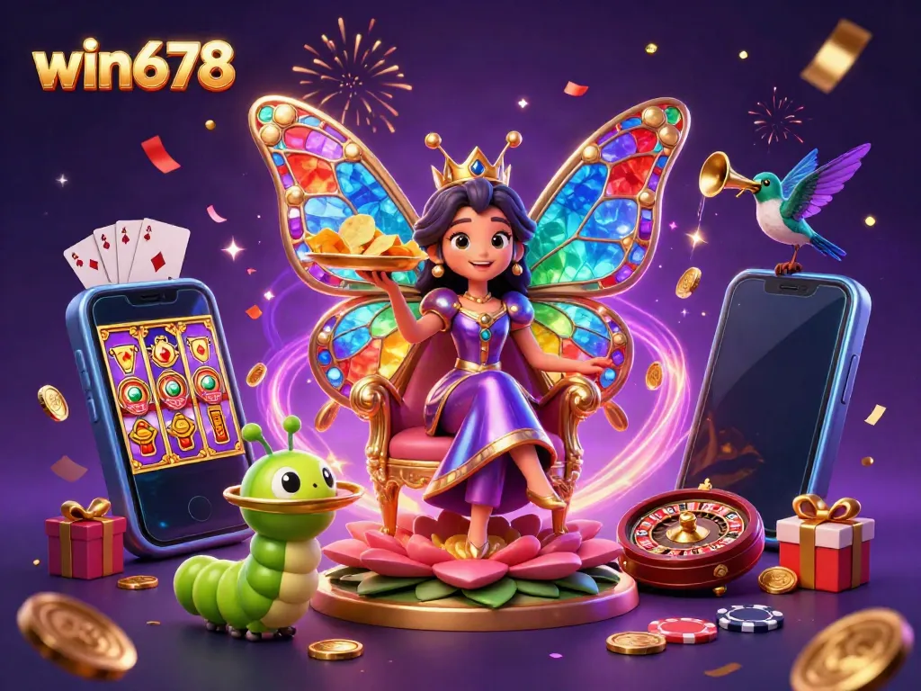 Win678 casino scene featuring a butterfly queen, vibrant colors, and dynamic slot game elements.