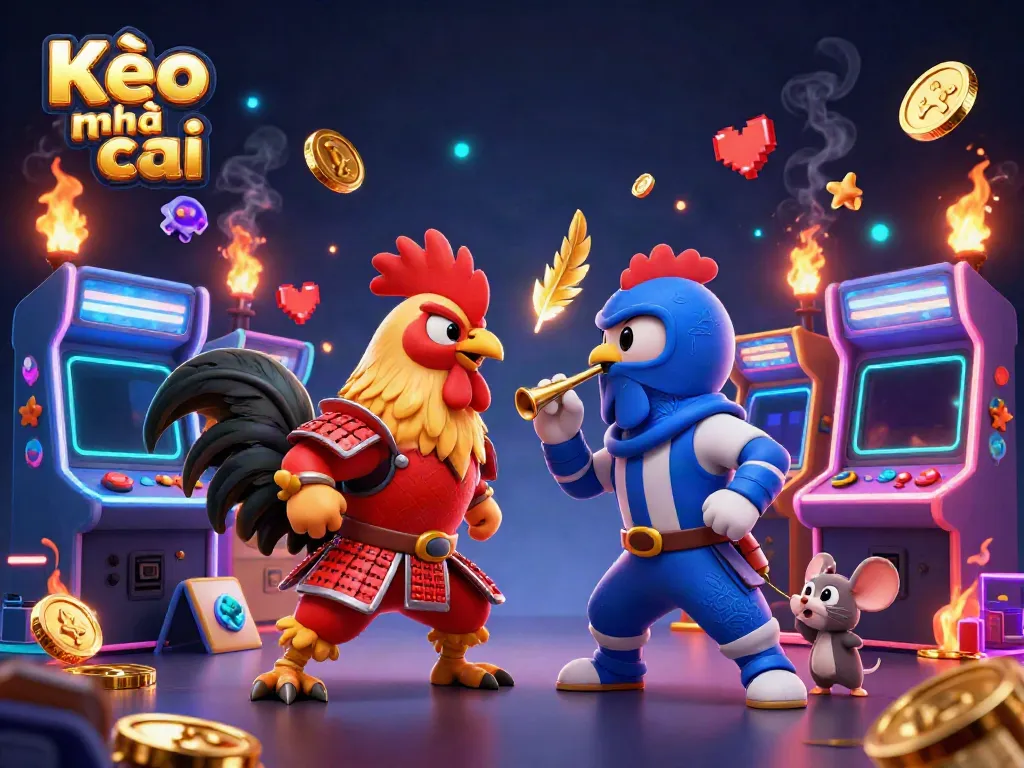 Kèo nhà cái showcases twin roosters in combat, enhancing sports betting excitement in a colorful casino scene.
