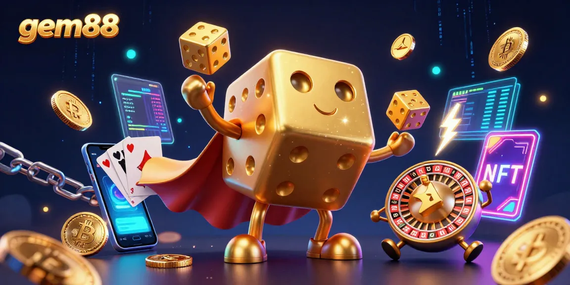 Experience gem88 excitement with our 3D golden dice golem alongside vibrant crypto elements!